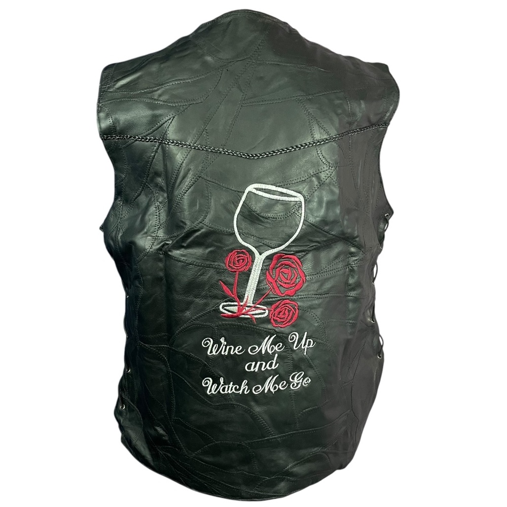 Genuine Leather Vest 2X XXL Lace-Up Rose Embroidered Wine Glass Snap Button